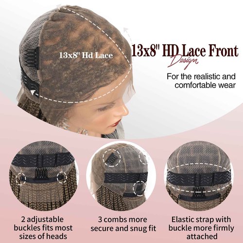 Kalyss 13x8 Hd Lace Front Knotless Braided Wigs for Black Women Box Braid Wig with Curly Ends with Baby Hair Premium Synthetic Braided Lace Front Wigs 24" Light Brown