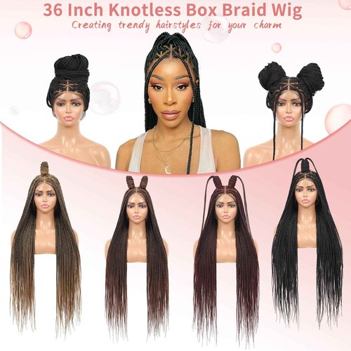 Zurffiy 360° HD Full Lace Braided Wigs for Women Knotless Braided Wigs Box Braid Wig with Baby Hair Human Hair Blended Braids Lace Front Wig Black 36 Inch