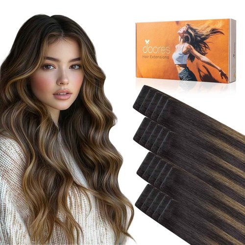 DOORES Invisible Tape in Hair Extensions Real Human Hair Invisi Edge, Dark Brown to Chestnut Brown 10 Injection Tape-ins with 10 Injection Tape-ins 50g 22 Inch, Tape in Human