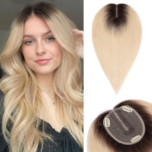 S-noilite Hair Toppers for Women 100% Real Human Hair, 10x12 Upgrade Base Ombre Light Blonde Remy HairToppers for Women with no Bangs 10inch 35g #Ombre Light Blonde