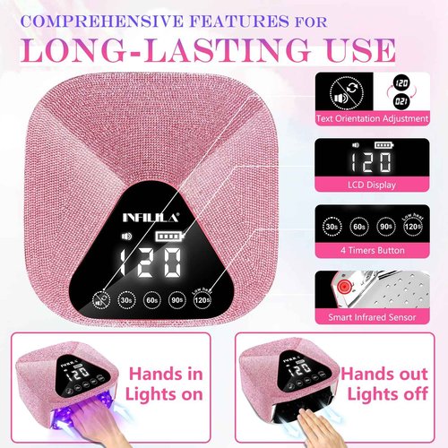NXJ INFILILA UV Light for Gel Nails, 54W Cordless Nail Lamp, Pink Rhinestone Rechargeable Nail Lamp, Bling Wireless Fast Curing Dryer Professional Quick Dry for Salon & Home