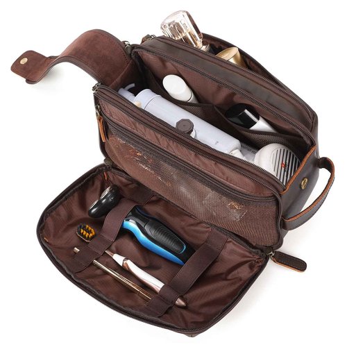 Polare Full Grain Leather Toiletry Bag for Men Large Travel Cosmetic Case Dopp Kit Shaving Kit Wash Pouch with YKK Zippers