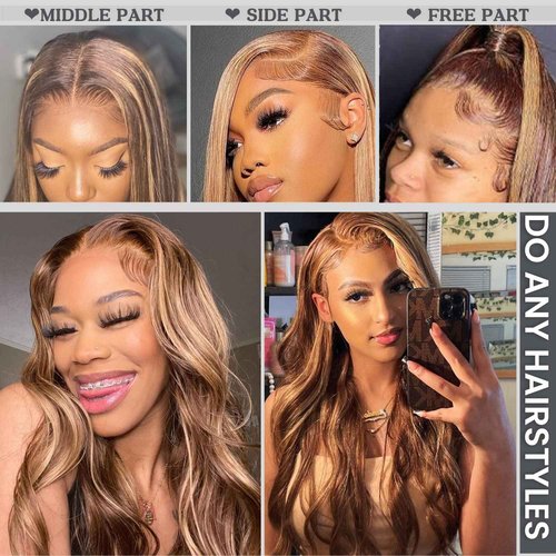 ALHER Honey Blonde Highlight Small Cap 13x4 Lace Front Human Hair Wigs Pre Plucked with Baby Hair Straight 4/27 Balayage Color Transparent Lace Frontal Wig Soft Thick 12A Brazilian Remy Hair 14 Inch