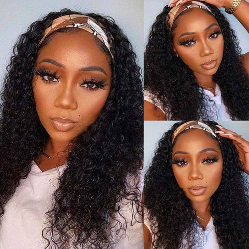 NICMISS Deep Wave Headband Wig Human Hair 24 Inch Curly Headband Wigs for Black Women Human Hair Glueless None Lace Front Wig Brazilian Virgin Hair Wear and Go Wigs 150% Density Natural Black Color