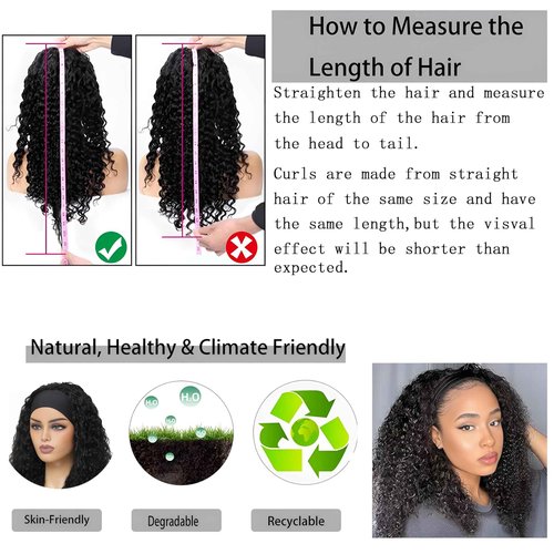 Prisyfab Curly Headband Wig Human Hair 22Inch Human Hair Headband Wig Glueless Wear and Go Human Hair Scarf None Lace Front Wigs 150% Density Natural Color
