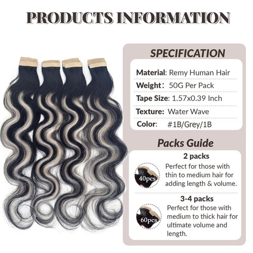 Tape in Hair Extensions Human Hair 26 Inch Body Wave Natural Black Hair Balayage Silver Grey Highlights Hair Extensions Real Human Hair Tape ins for Black Women 20 PCS Double Sided Tape Hair 50G