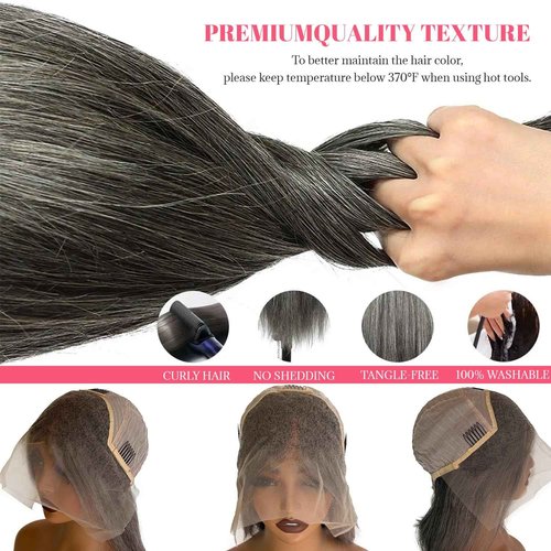 Salt and Pepper Bob Wigs 16 Inch Human Hair Straight White Grey 13x6 HD Transparent HD Lace Frontal Bob Wig Pre Cut Glueless Wigs for Women Bleacked Knots with Baby Hair Ombre Grey 180% Density