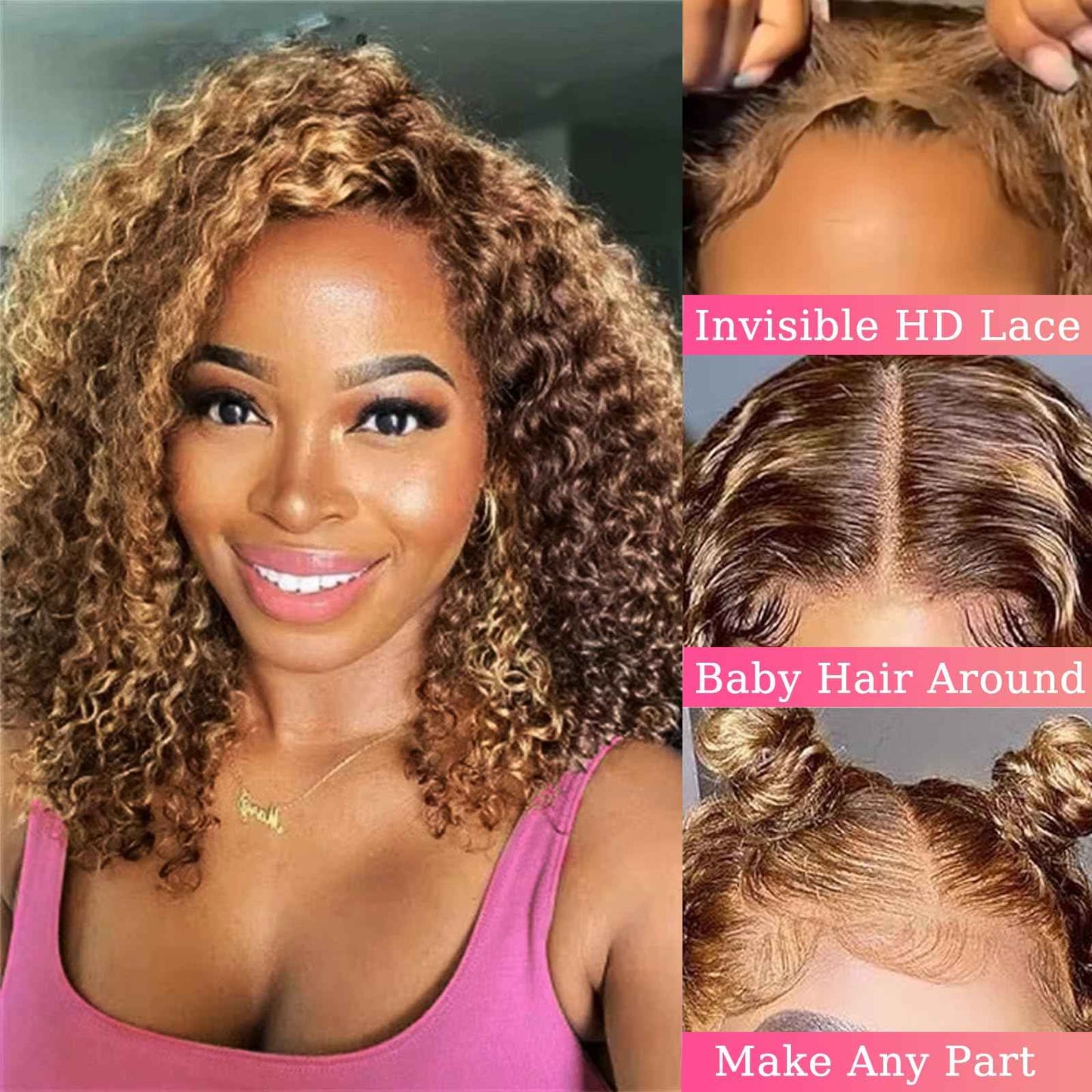 4/27 Bob Wig Human Hair 13x6 HD Transparent Lace Front Wigs Highlight Ombre Deep Curly Frontal Wigs Human Hair Pre Plucked Human Hair Wigs for Women 200% Density 18 Inch
