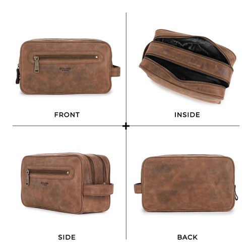 BERLINER BAGS Vintage Genuine Leather Toiletry Bag Max 2, Two Zippered Compartments, Large Capacity Cosmetics Bag for Men and Women for Travel - Brown