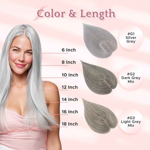 SEGO Grey Hair Toppers for Women Real Human Hair No Bangs, Salt and Pepper Hair Topper, 7 * 13 CM Silk Base Clip In Top Pieces -10 Inch G3 Light Grey Mix