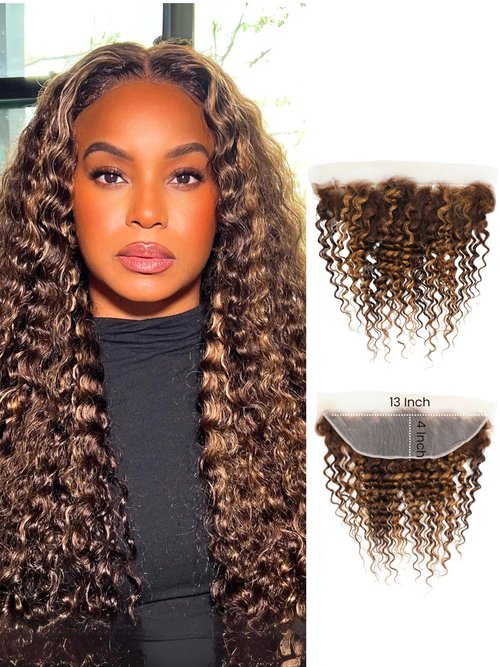AUROO Honey Blonde Highlight Deep Wave 13x4 Lace Frontal Closure Only Human Hair, 12A Virgin 100% Hand Tied Ear to Ear Ombre Brown HD Transparent Frontal Pre Plucked P4/27 Curly Lace Frontal Remy 16In