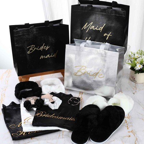 Shyyween 42 Pcs Bridesmaid Bride Robes Set of 6 Bridal Party Silk Satin Robes for Wedding Bachelorette Party Gifts(White,Black)