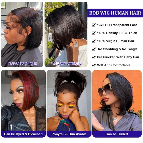 CDHFARMD 14 Inch Bob Wig Human Hair 13x6 Hd Transparent Lace Front Wigs Human Hair Pre Plucked Glueless Bob Wig 180% Density Short Straight Bob Wigs For Women