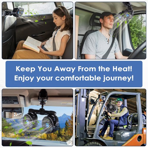 XOOL Clip Car Fan, Adjustable Dual Head 4 Inches 12V Fan for Front/Rear Seat Passenger, 360° Rotatable Electric Car Cooling Fans with Stepless Speed Regulation for SUV, RV, Vehicles