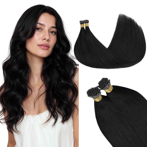 GOO GOO I Tip Hair Extensions, Real Human Hair, 20inch 100g 100S, Cold Fusion I Tip, Invisible Remy, Jet Black