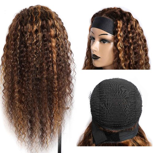 Punmasa Headband Wig Deep Wave 12 Inches 100% Human Hair Headband wigs for women Glueless None Lace Front Wig Machine Made 150% Density headband wig human hair Natural Black and Ombre 4/27