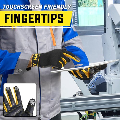 HANDLANDY Leather Work Gloves for Men & Women, Utility Mechanic Touch Screen Working Gloves for Gardening, Driving, Tool Handling, Construction (Yellow Black, Medium)
