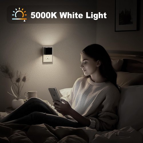 JandCase Night Light, Automatic Night Lights Plug into Wall, 2 Pack Modern Night Lights with Auto Light Sensor, 5000K Brightness Adjustable Nightlight for Kids Bathroom Hallway Kitchen Bedroom Decor