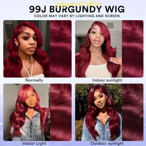 AYMMOLI 24 Inch 99j Burgundy Lace Front Wigs Human Hair 13x4 HD Red Burgundy Body Wave Wig Human Hair 200 Density Body Wave Lace Front Wigs Pre Plucked Glueless Frontal Wigs for Women