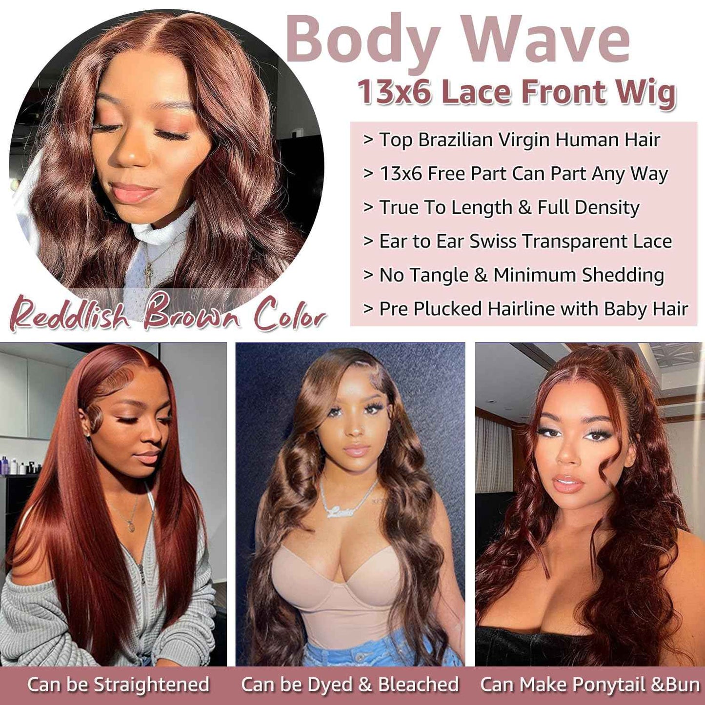30 Inch 13x6 Reddish Brown Lace Front Wigs Human Hair Pre Plucked Body Wave 13x6 HD Lace Frontal Wig for Women 220% Density Auburn Brown Colored Frontal Wigs Human Hair