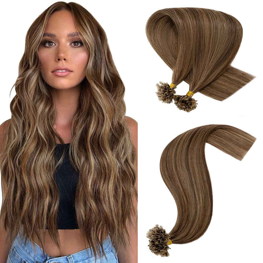 Hairro U Tip Human Hair Extension Pre Bonded Hot Fusion Hairpiece For Women Remy Nail Tipped Hair Pieces Silky Straight Keratin Utips Hair Extension 50g 22" #4P27 Medium Brown Mix Dark Blonde