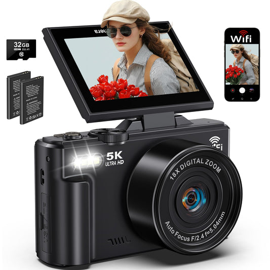 5K Digital Camera for Photography, 75MP WiFi Vlogging Camera for YouTube with 3" 180° Flip Screen, 18X Zoom UHD Autofocus Video Camara with 32GB SD Card, 2 Batteries