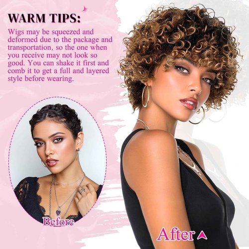 PEACOCO Short Curly Bob Wig Human Hair Afro Kinky Curly Human Hair Wigs for Black Women 8 Inch Short Curly Wig with Bangs Glueless, 1B