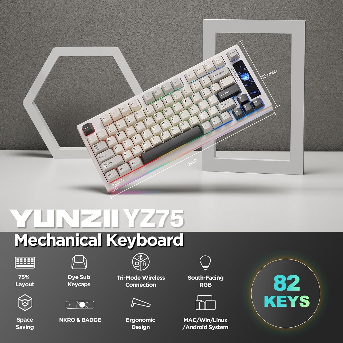YUNZII YZ75 75% Hot Swappable Wireless Gaming Mechanical Keyboard, RGB Backlights, BT5.0/2.4G/USB-C, Dye Sub PBT Keycaps for Linux/Win/Mac(Gateron G Pro Red, Black)