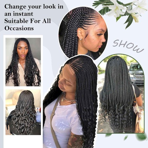 Alebery 13x6 HD Lace Front Box Braided Wigs with Curly End Lace Frontal Box Braids Wigs for Black Women Lightweight Synthetic Black Cornrow Fully Handmade Braided Wig with Baby Hair (26 inches)