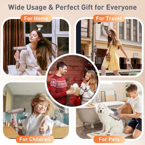 Quico Travel Hair Dryer with Dual Voltage, 120000 RPM Fast Drying Hair Dryers for Women with 500 Million Negative Ions, Thermo-Control Compact Hair Blow Dryer with Cold, 3 Heat & 3 Speed Settings