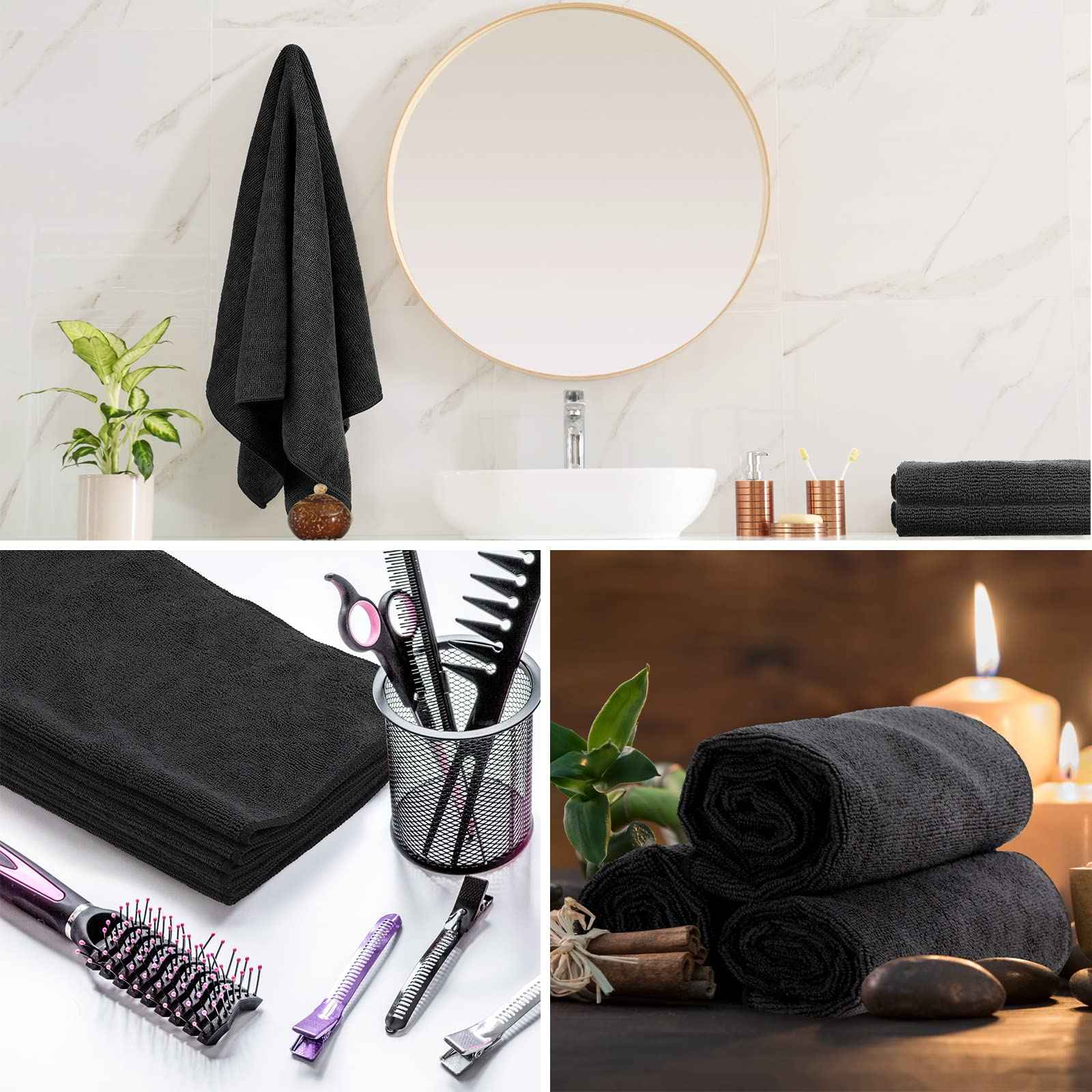 26 Pack Salon Towel Bulk Black Microfiber Hair Drying Towels Bleach Proof Microfiber Lint Free Absorbent Hand Towels Set for Home Hotel Bath Salon Spa Gym, 16 x 27 Inches