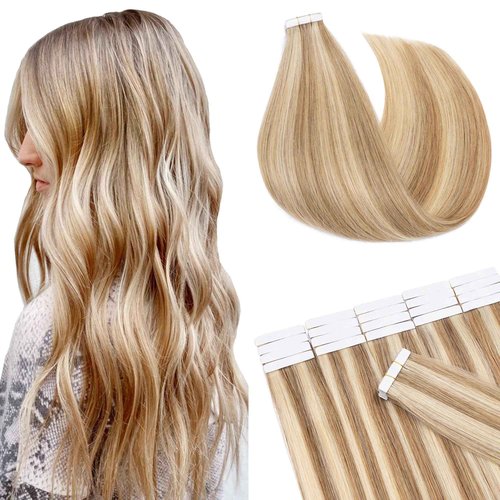SEGO Tape in Hair Extensions Human Hair 18 Inch 100g 40pcs Balayage Straight 100% Remy Rooted Seamless Skin Weft Invisible Double Sided Tape Hair for Women-#P12/613 Golden Brown&Bleach Blonde