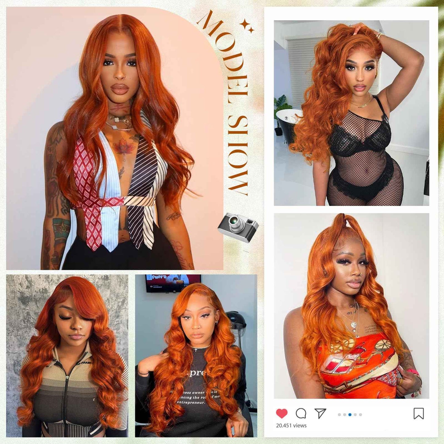 Ginger Lace Front Wigs - Human Hair, 13x6 HD Body Wave, Pre-Plucked with Baby Hair, 180 Density, Glueless, Ginger Orange, 20"