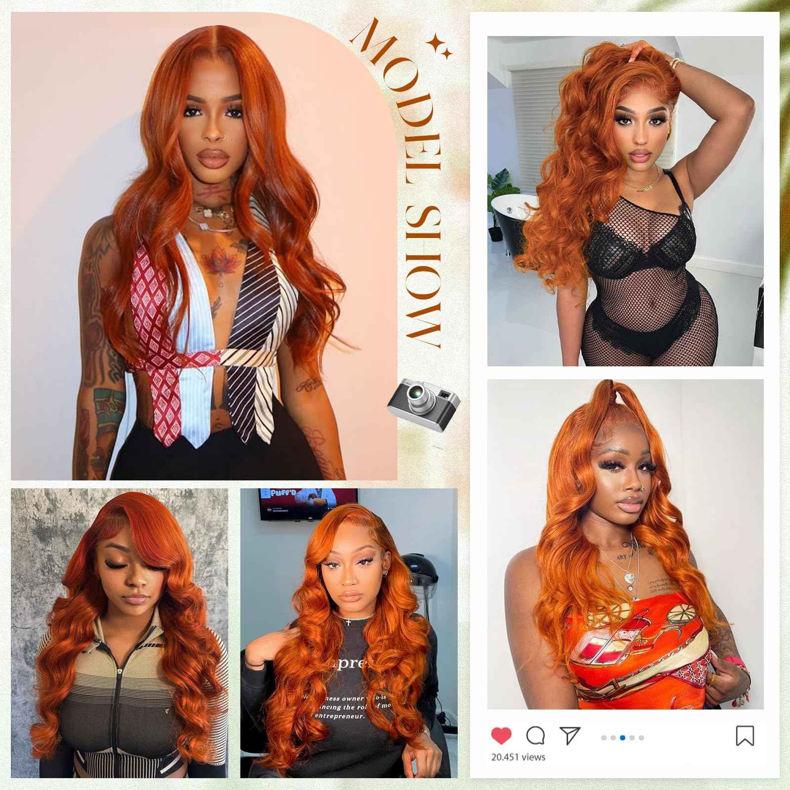 Ginger Lace Front Wigs - Human Hair, 13x6 HD Body Wave, Pre-Plucked with Baby Hair, 180 Density, Glueless, Ginger Orange, 20"
