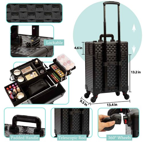 AROUS Rolling Makeup Train Case, Large Storage Cosmetic Trolley 4 Tray with 360° Swivel Wheels Keys, Large Storage Traveling Cart Trunk, Cosmetic Train Cases for Nail Technicians Hairstylist, Black
