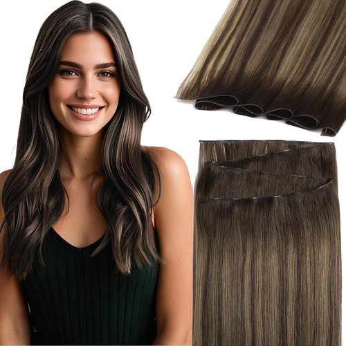 Sew in Hair Extensions Real Human Hair One Piece 22inch Genius Wefts Hair Extensions Human Hair Invisible Chestnut Brown Mixed Dark Brown with Dark Brown Roots Genius Weft Human Hair 60 Grams