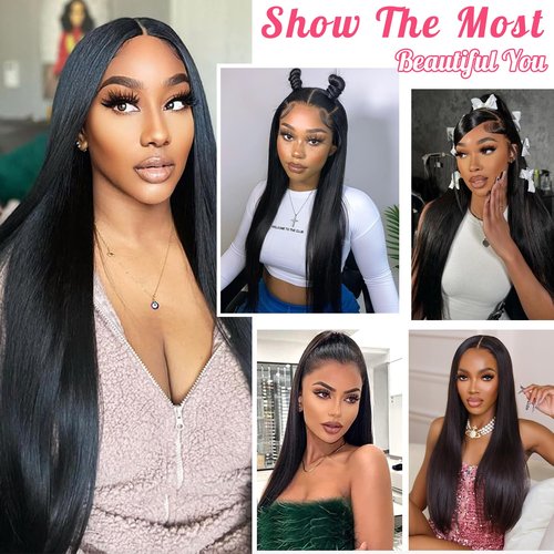 MZCNU 13x6 Straight Lace Front Wigs Human Hair 230% Density 28 Inch HD Transparent Lace Frontal Human Hair Wig for Women Natural Black Color