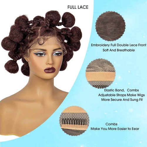 A ANYTIME Handmade Bantu Knotless Braided Wigs Synthetic Full Lace Braided Wig Buns Wig Full Lace Braids Wig with Baby Hair African Braiding Hair Wig for Black Women（1B-BUG