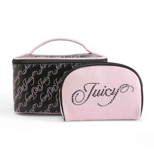 Juicy Couture Black Pink Makeup Bag Cosmetics Organizer Travel Essentials Train Case Coin Purse Cursive Logo Rhinestone Velour