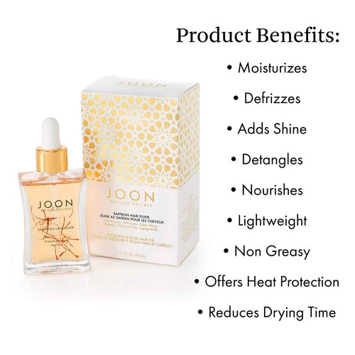 Joon Moisturizing Trio Set | 1.1oz Saffron Hair Elixir, 10.1oz Saffron Rose Shampoo and Conditioner