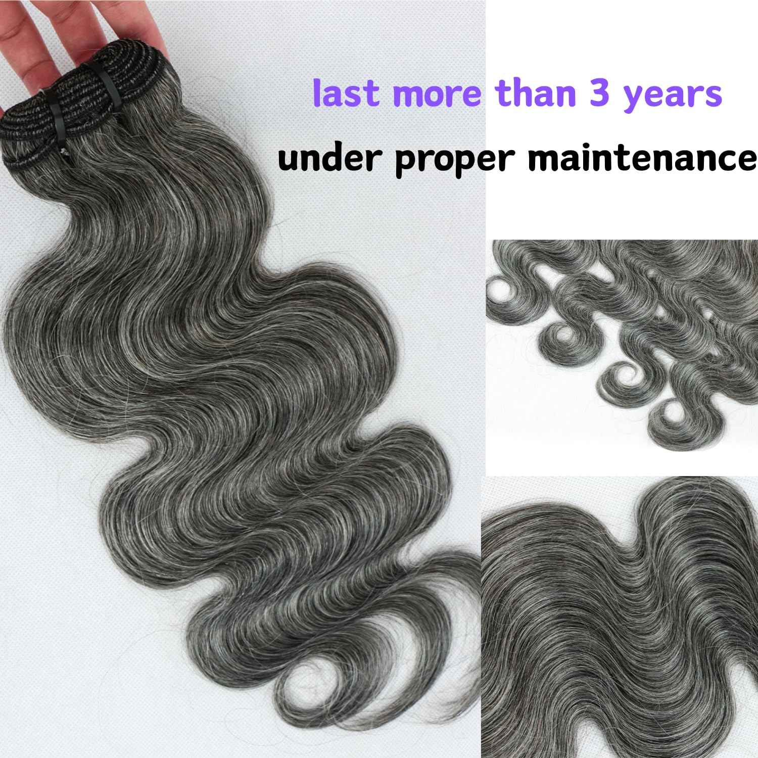 Grey Bundles Human Hair 10 12 14 Inch Salt and Pepper Body Wave Human Hair White Grey Wet and Wavy 3 Bundles Human Hair Extensions 100% Unprocessed 12A Brazilian Hair for Black Women