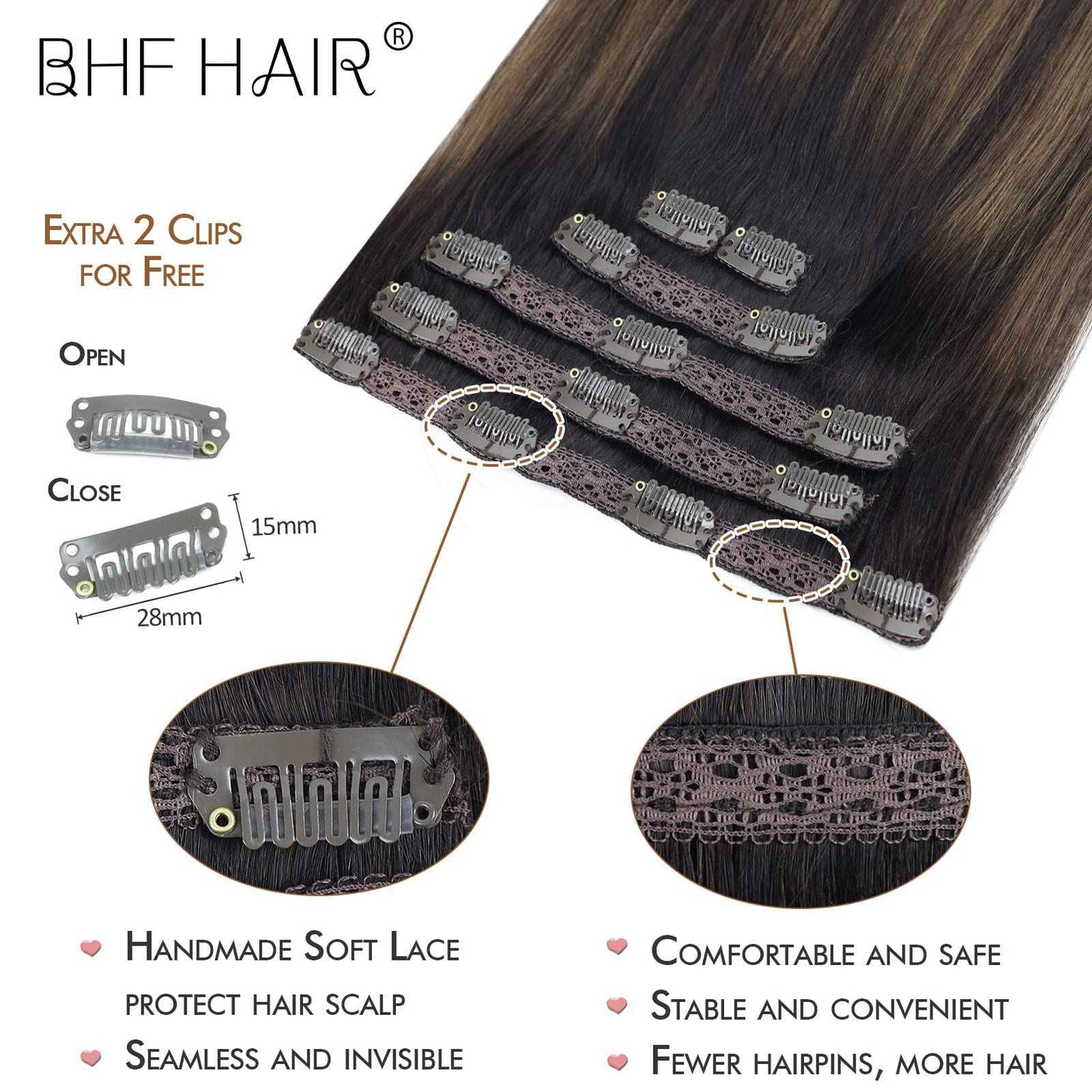 18" Clip in Remy Human Hair Extensions Balayage Dark Brown to Maroon Brown Human Hair Extensions, Double Weft Thickness to Ends, 100% Female Extensions, 6 Pack 70g / 2.45oz.