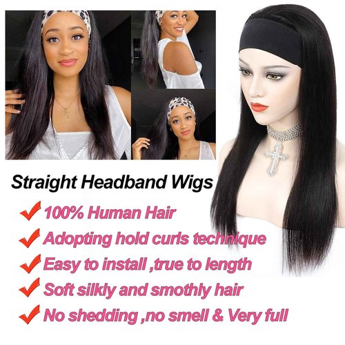 olimaruly Straight Headband Wig Human Hair Wear and Go No Lace Machine Made 24 Inch Straight Headband Wig Glueless 180% Density Headbands Wigs Human Hair Natural Black Color