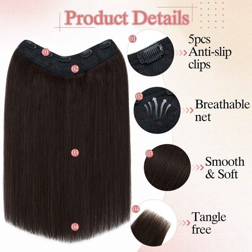 SEGO Pro One Pieces Clip in Hair Extensions Human Hair Upgraded V-Shaped 5 Clips in Hair Extensions Human Hair Long One Piece Hairpiece for Women,20 Inch,#02 Dark Brown,70g
