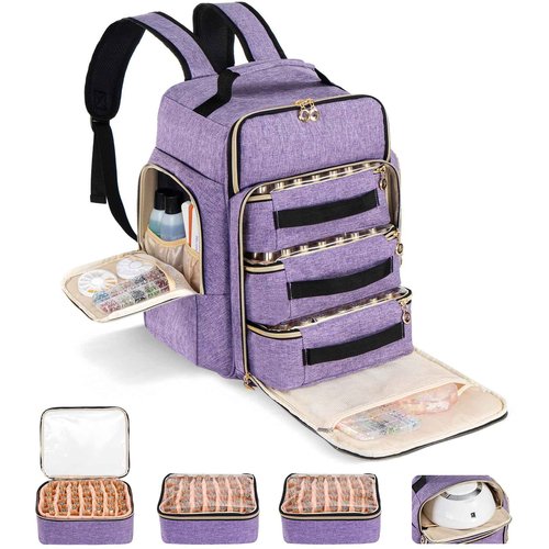 Hautton Nail Polish Organizer Holds 126 Bottles & Nail Lamp, Extra Large Nail Kit Supplies Storage Bag with 3 individual drawers, Portable Nail Organizers Travel Case for Manicurist -Purple