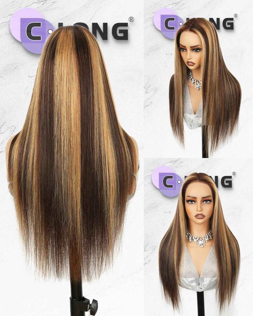 CLong Highlight Ombre Lace Front Wig Human Hair, 13x4 Straight 4/27 Honey Blonde HD Lace Front Wig Pre Plucked 200% Density Colored Lace Front Wigs for Black Women 22Inch