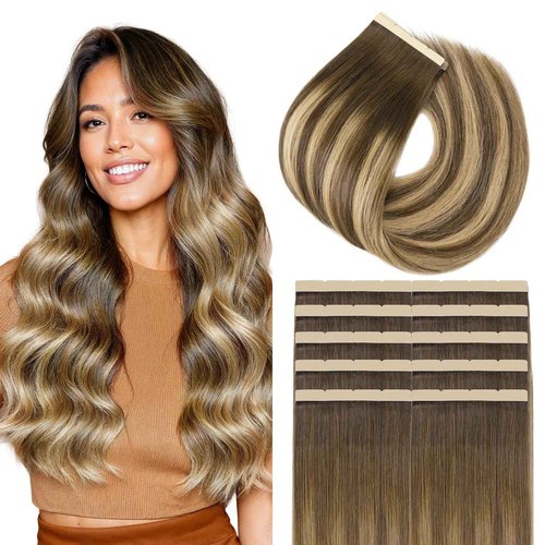 GOO GOO Tape in Hair Extensions Human Hair, 4/27/4 Balayage Chocolate Brown to Caramel Blonde, 8cm Wide Tape, 18inch 10pcs 50g, Tape Weft Hair Extensions, Real Human Hair, Seamless Tape in