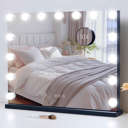 NUSVAN Vanity Mirror with Lights Lighted Makeup Mirror with 15 Dimmable LED Bulbs,3 Color Lighting Modes,USB Charging Port Touch Control,Sturdy Metal Frame Design 22.8x18 Inch,Black