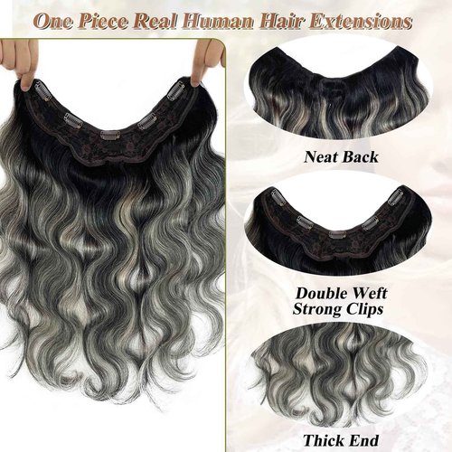 Body Wave Clip in Hair Extensions Real Human Hair, 16” One Piece V Shaped Human Hair Clip in Extensions for Black Women Balayage Natural Black to Grey Remy Hair Clip ins Extensions Clip ins Hair Weft