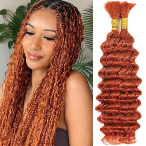 Habiliana Deep Wave Human Braiding Hair 2 Bundles Total 100g 16 Inch Ginger Orange 350 Bulk Bundles Braiding Brazilian Virgin Curly Human Hair Extensions for Boho Braids
